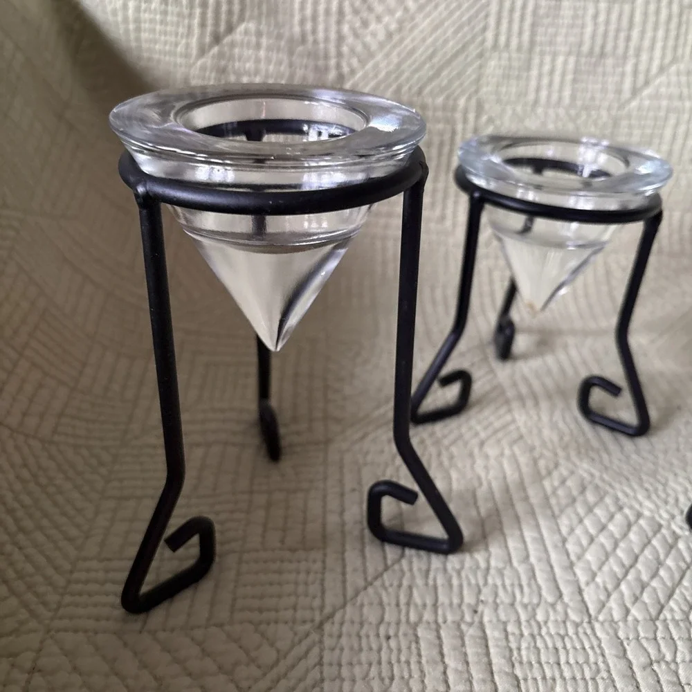 Vtg MCM Wrought Iron Glass Tea Light Holders Set of3 Glass Cone Votives Graduate